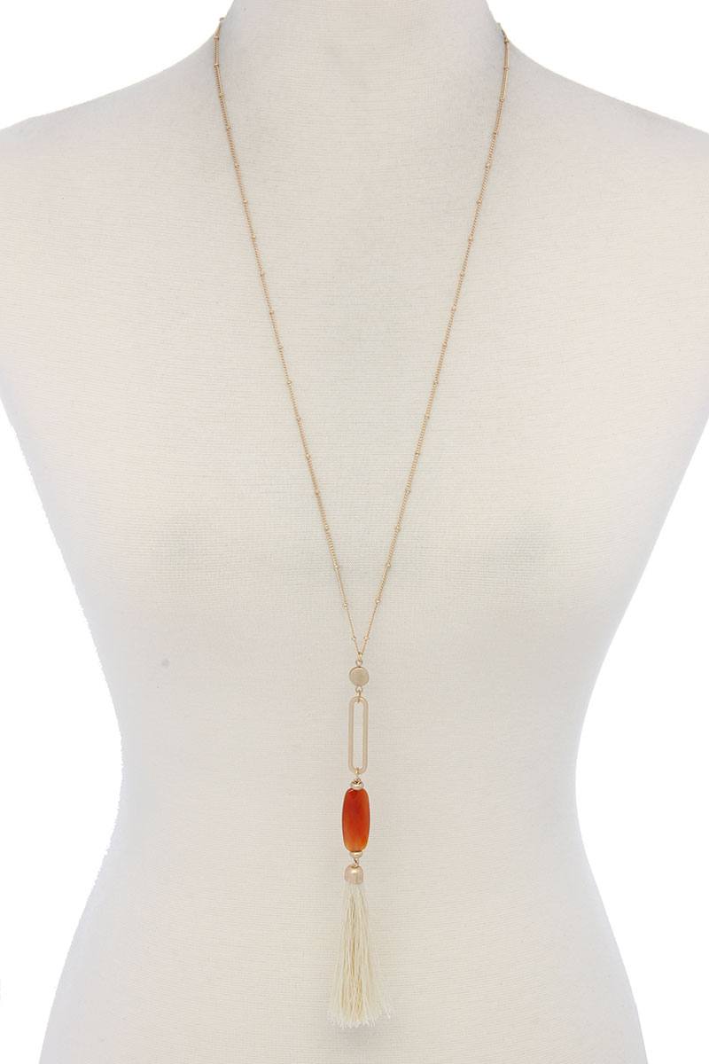 Cut Out Long Oval Bead Tassel Pendant Necklace