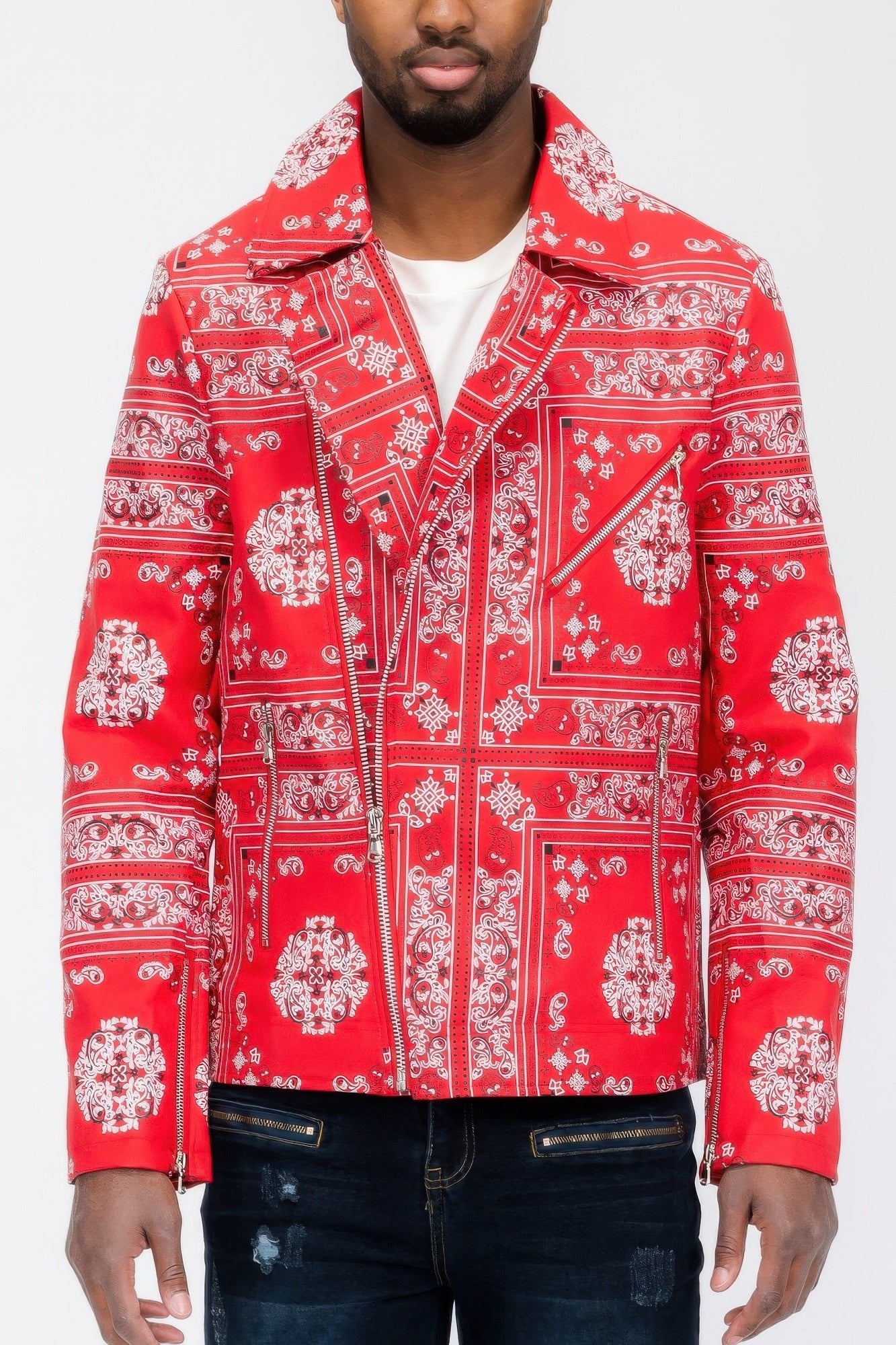 Bandana Print Vegan Leather Jacket - Zameel's Clothing & Apparel